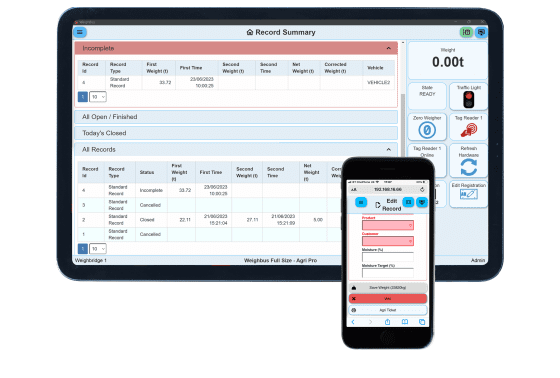 Weighbus Agri Pro Software on tablet and phone