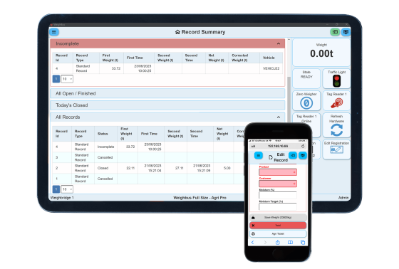 Weighbus Agri Pro Software on tablet and phone